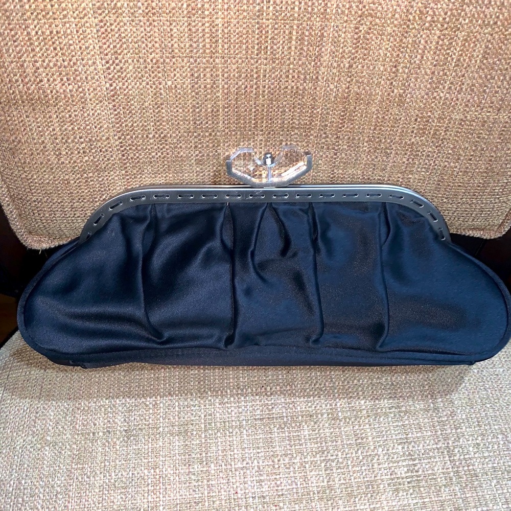 BCBG black satin pleated evening bag